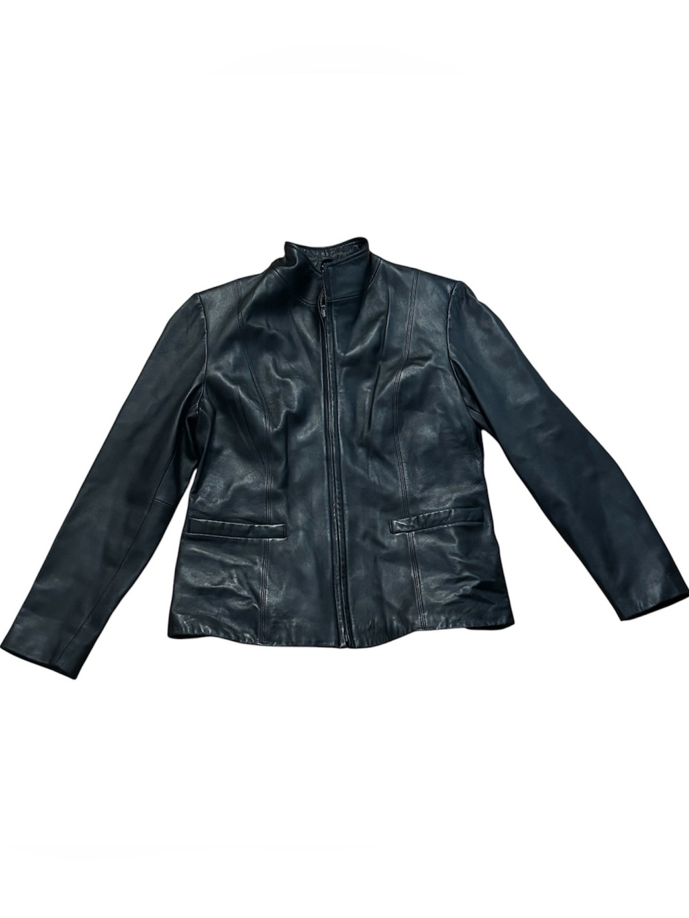 JLC New York Leather Jacket Coat Womens Size Medium Black Zipper Moto Long Sleev